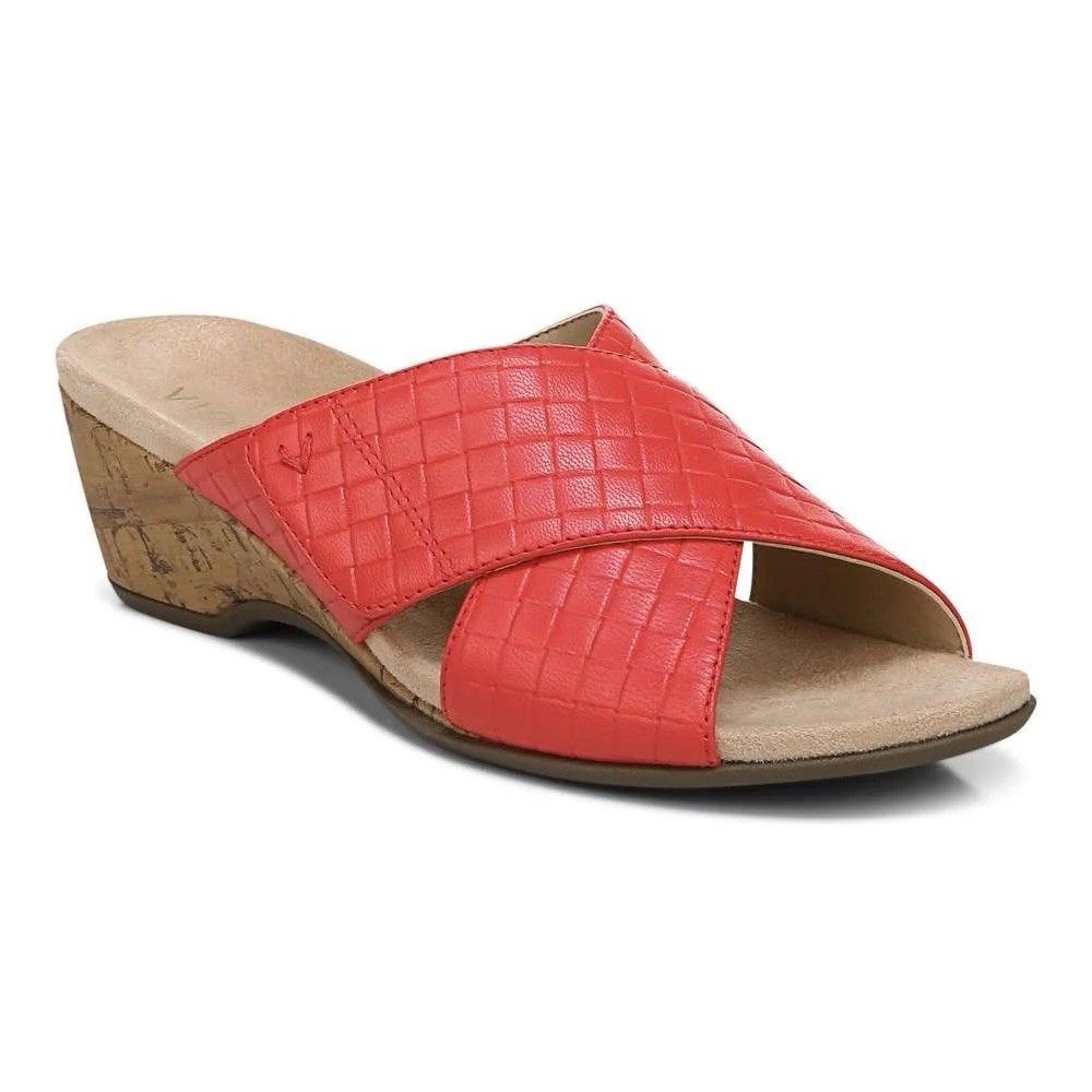 NEW Vionic Womens Size 8.5 Leticia Poppy Red Leather Wedge Arch Support Sandals